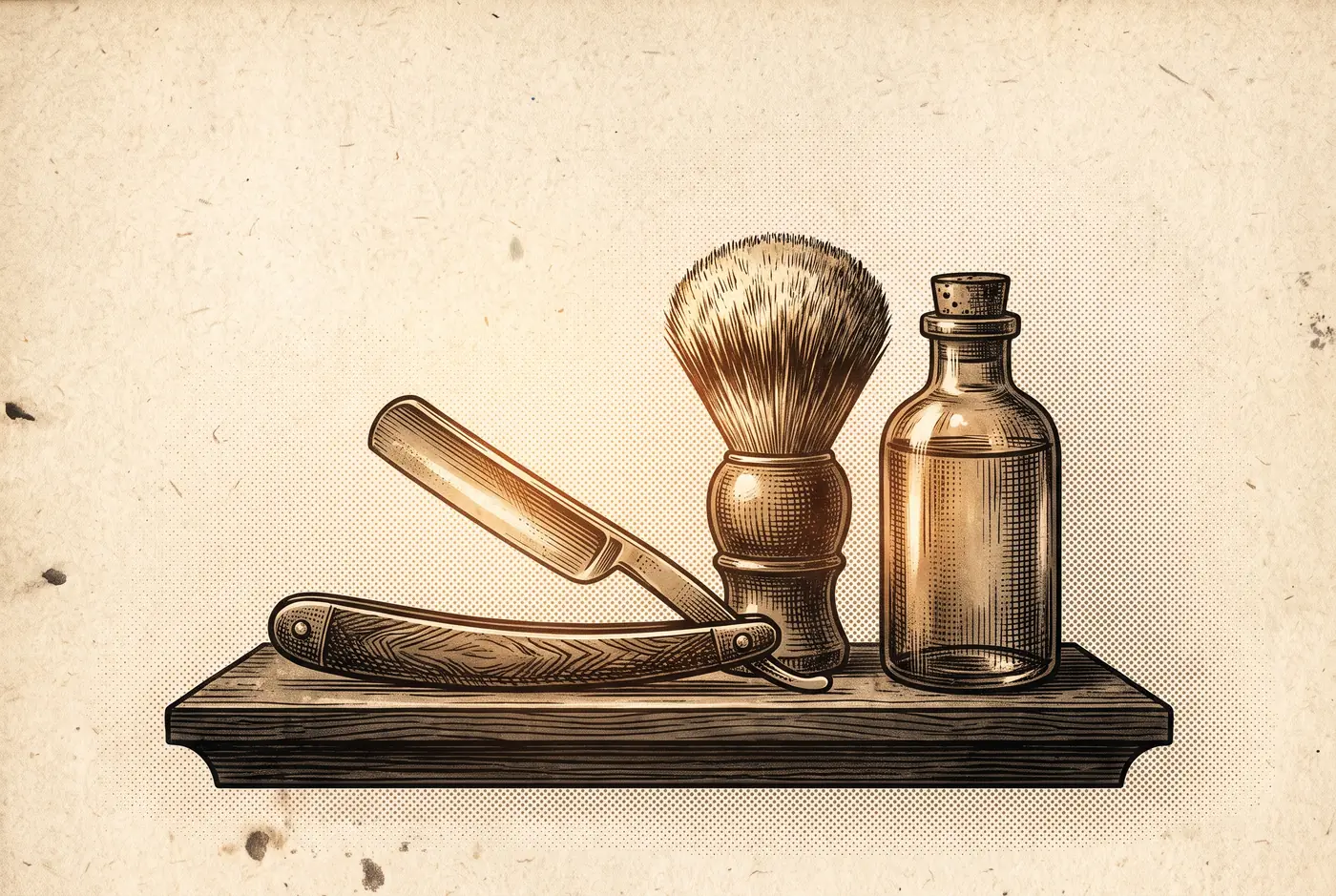Incisione: rasoio aperto, pennello da barba e una boccetta d'olio