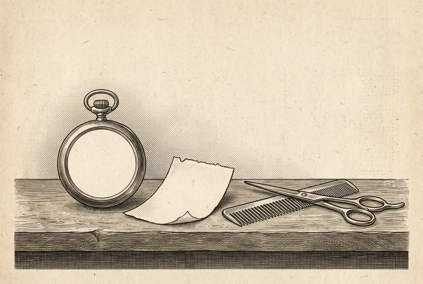 Incisione: orologio da tasca, foglio di calendario, pettine e forbici
